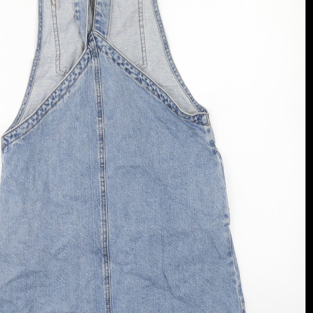Denim & Co. Womens Blue Cotton Pinafore/Dungaree Dress Size 8 Square Neck Button