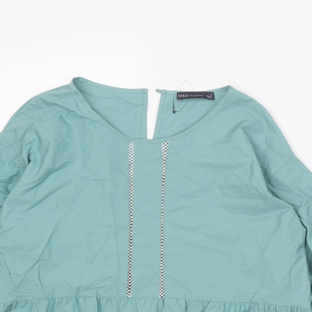 Marks and Spencer Womens Green 100% Cotton Basic Blouse Size 12 Scoop Neck - Smock