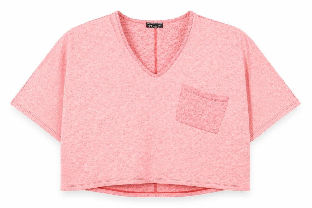 One Step Up Womens Pink Polyester Cropped T-Shirt Size L V-Neck