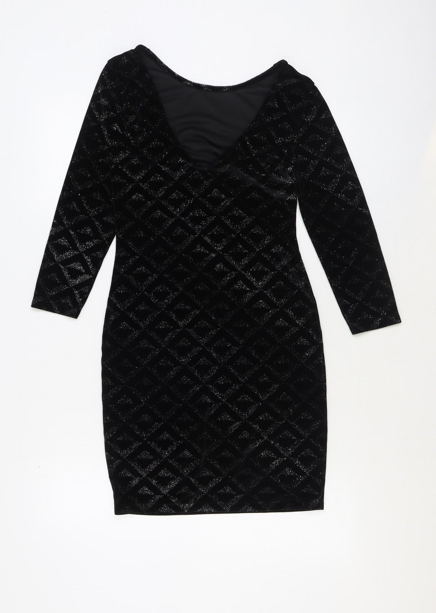 Warehouse Womens Black Geometric Polyester Bodycon Size 8 Scoop Neck Pullover