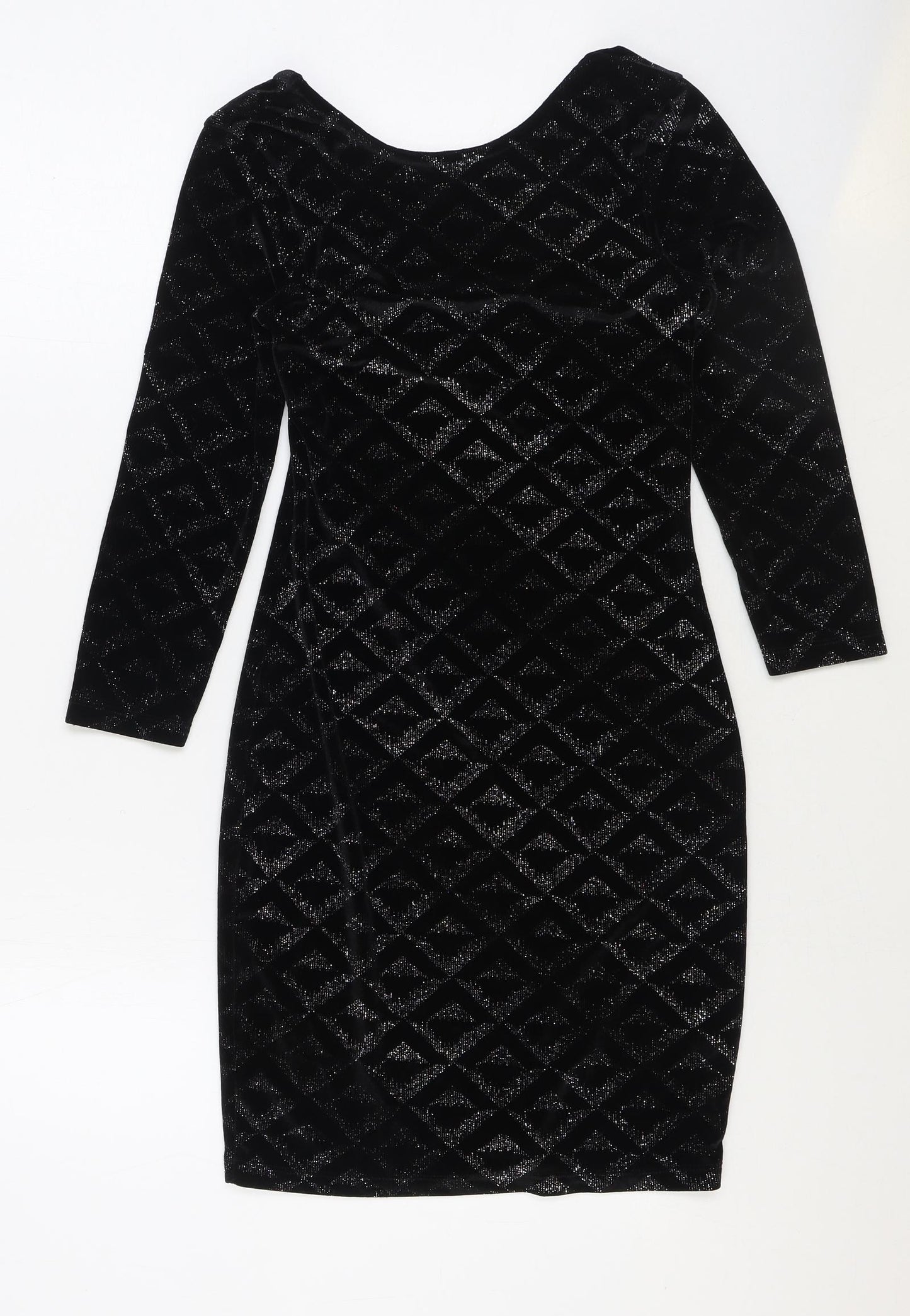 Warehouse Womens Black Geometric Polyester Bodycon Size 8 Scoop Neck Pullover