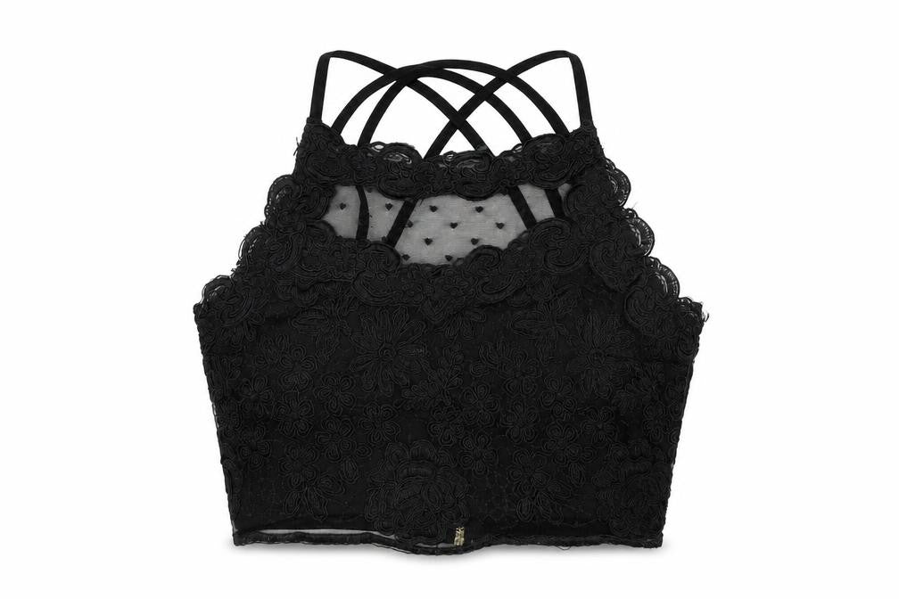 River Island Womens Black Floral Polyester Cropped Tank Size 6 Scoop Neck - Cross Back Strap Detail