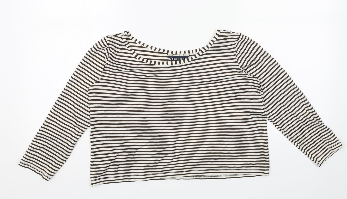 French Connection Womens White Striped Polyester Cropped Blouse Size S Boat Neck