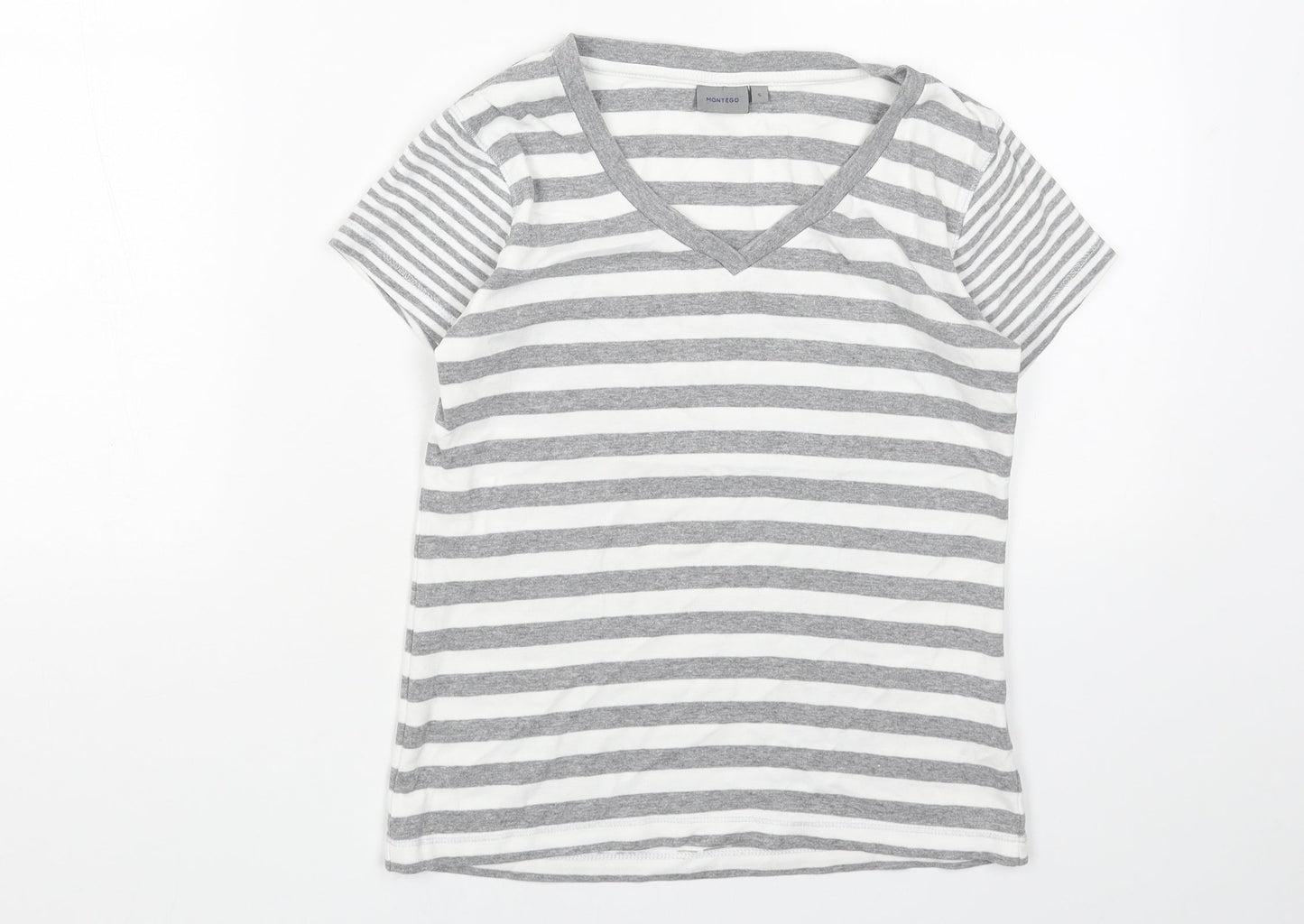 Montego Bay Club Womens Grey Striped Cotton Basic T-Shirt Size S V-Neck