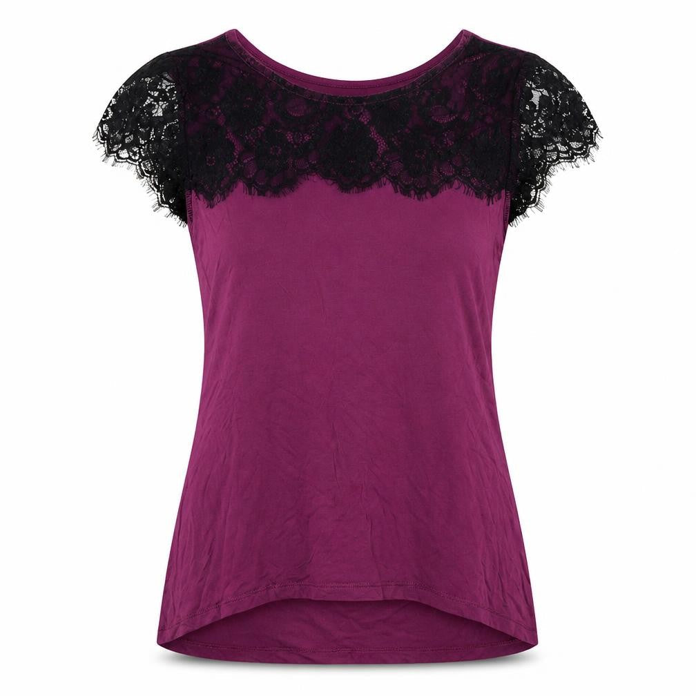 Warehouse Womens Purple Cotton Basic T-Shirt Size 10 Boat Neck - Lace Detail