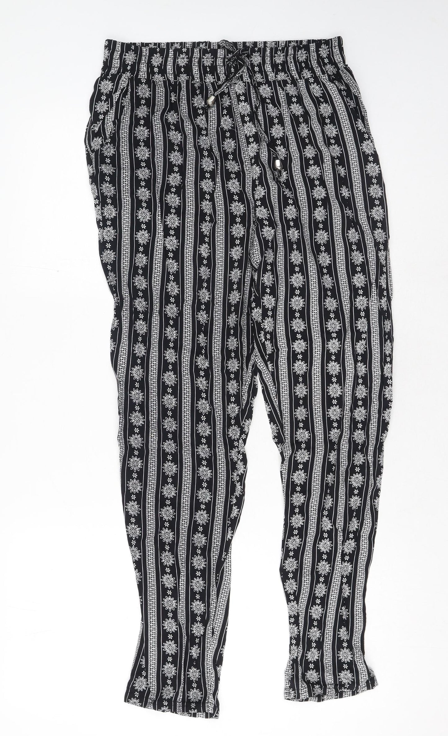 Preworn Womens Black Geometric Cotton Trousers Size S Regular Drawstring