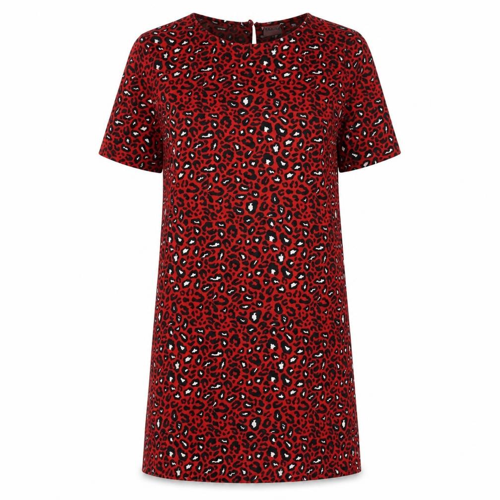 VILA Womens Red Animal Print Polyester T-Shirt Dress Size L Boat Neck Button - Leopard Print