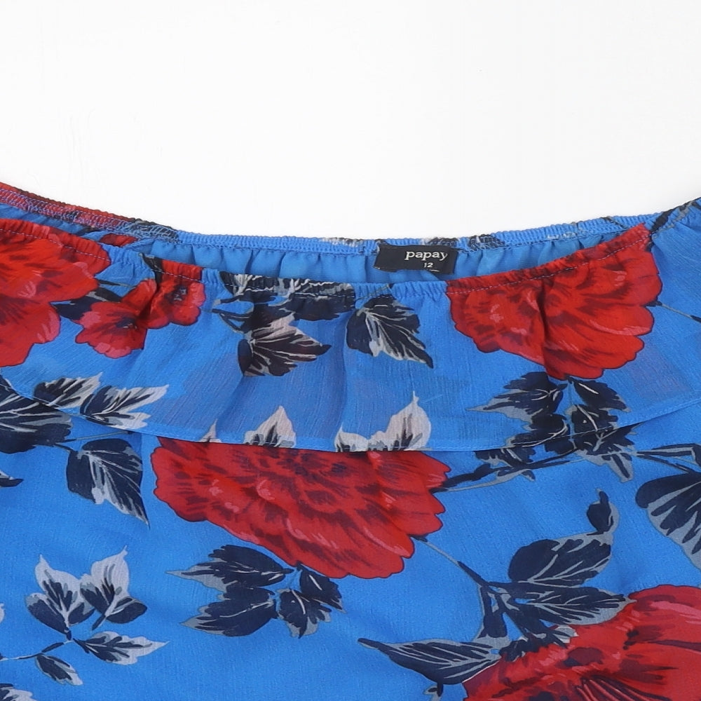 Papaya Womens Blue Floral Polyester Basic Blouse Size 12 Off the Shoulder
