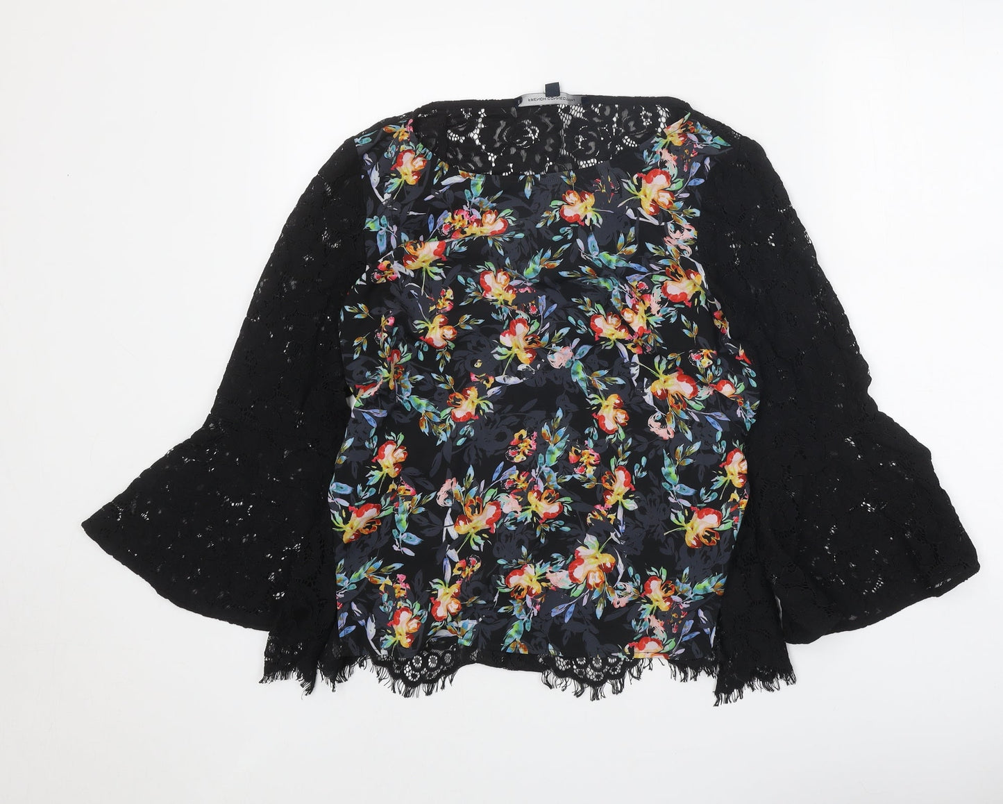 French Connection Womens Black Floral Polyester Basic Blouse Size M Boat Neck