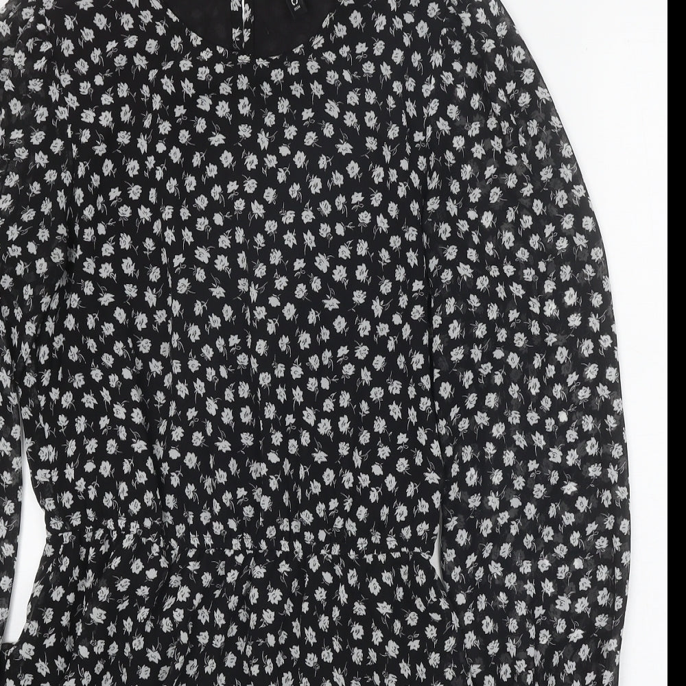 Divided Womens Black Floral Polyester Mini Size 10 Round Neck Button