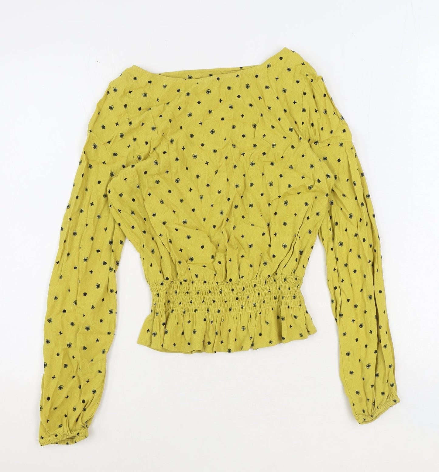 Marks and Spencer Womens Yellow Floral Viscose Basic Blouse Size 8 Boat Neck - Shirred Waist