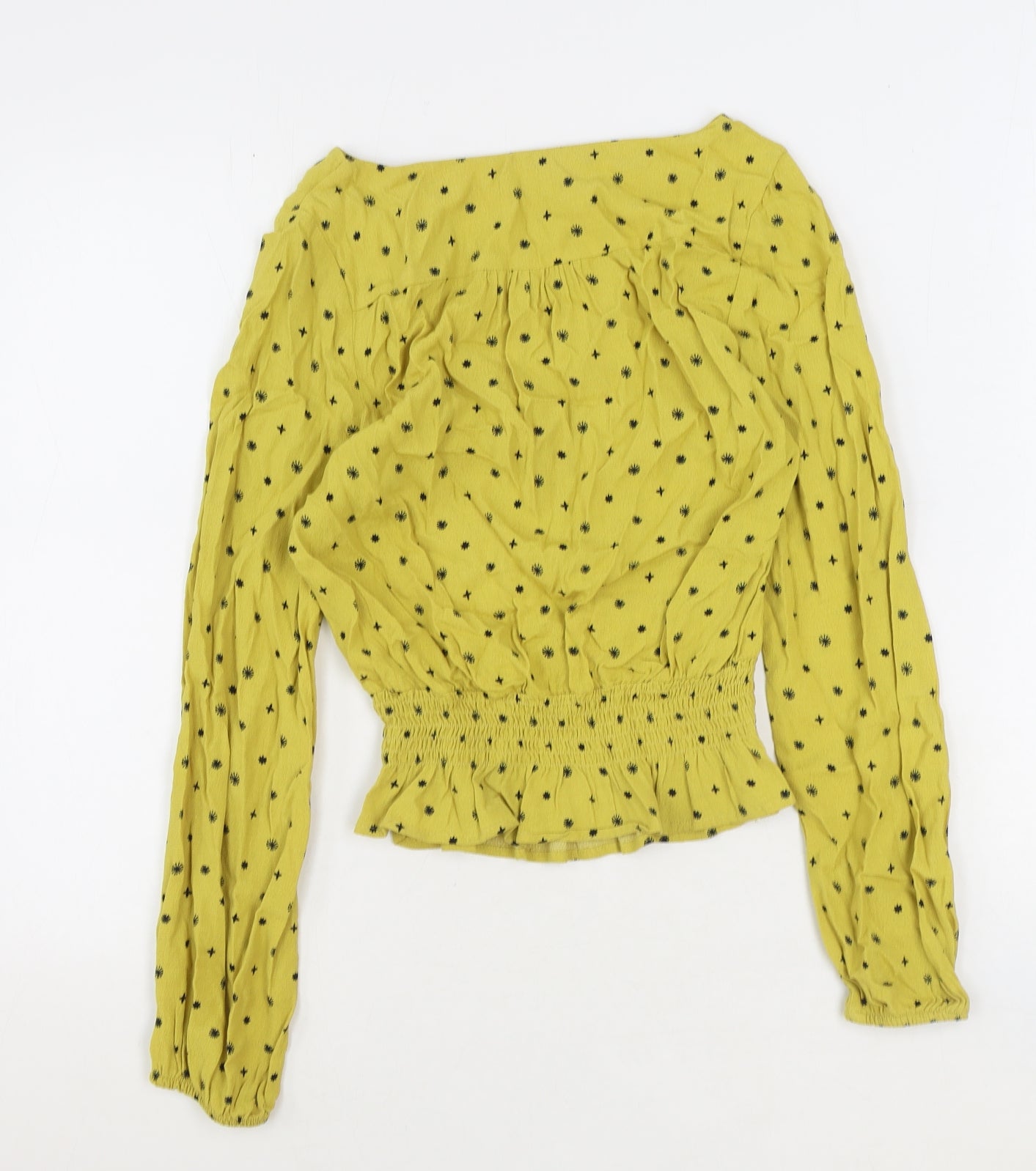 Marks and Spencer Womens Yellow Floral Viscose Basic Blouse Size 8 Boat Neck - Shirred Waist
