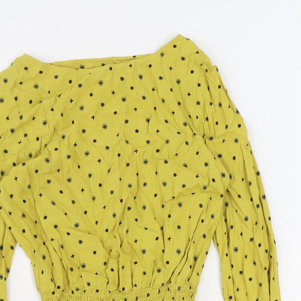 Marks and Spencer Womens Yellow Floral Viscose Basic Blouse Size 8 Boat Neck - Shirred Waist