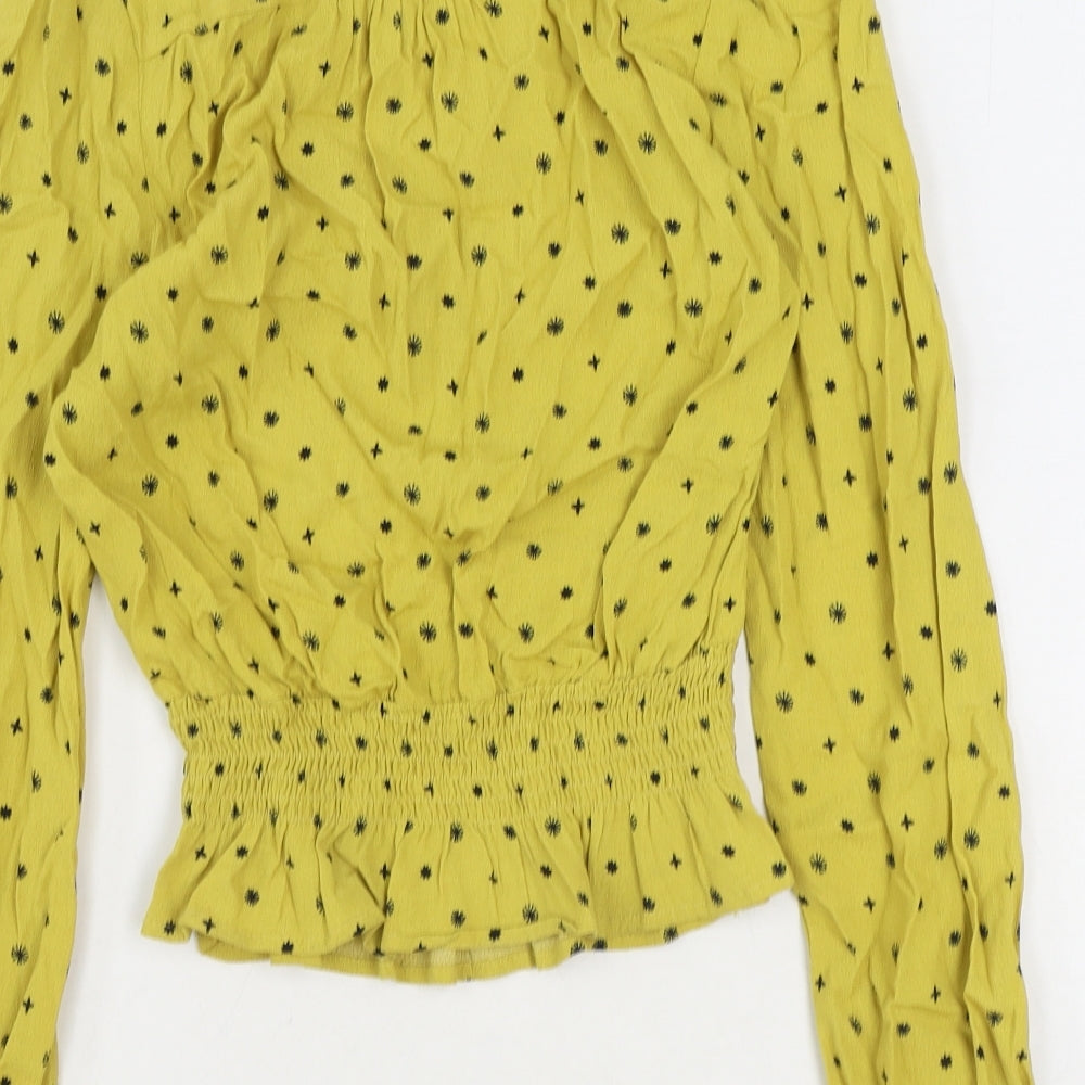 Marks and Spencer Womens Yellow Floral Viscose Basic Blouse Size 8 Boat Neck - Shirred Waist