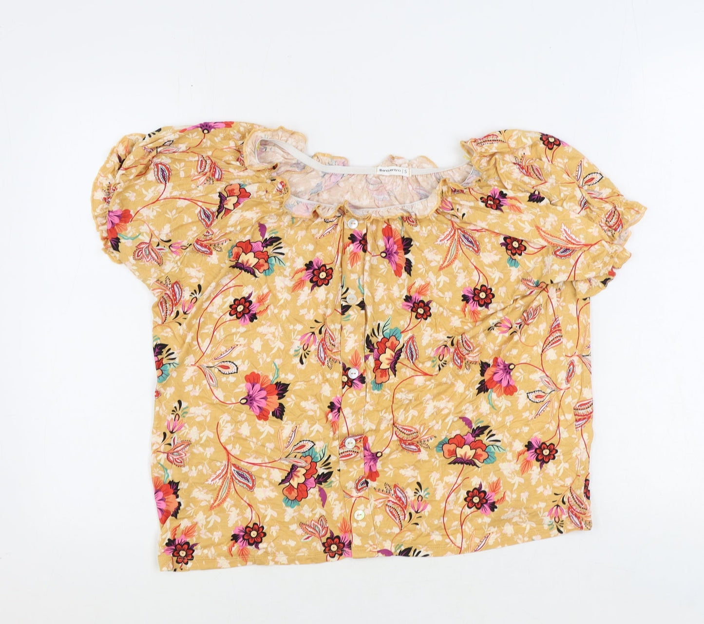 Encuentro Womens Orange Floral Polyester Basic Blouse Size S Boat Neck