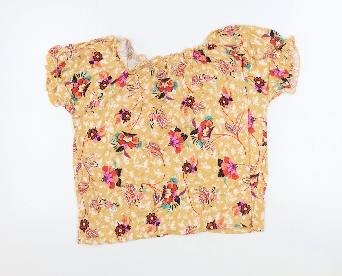 Encuentro Womens Orange Floral Polyester Basic Blouse Size S Boat Neck