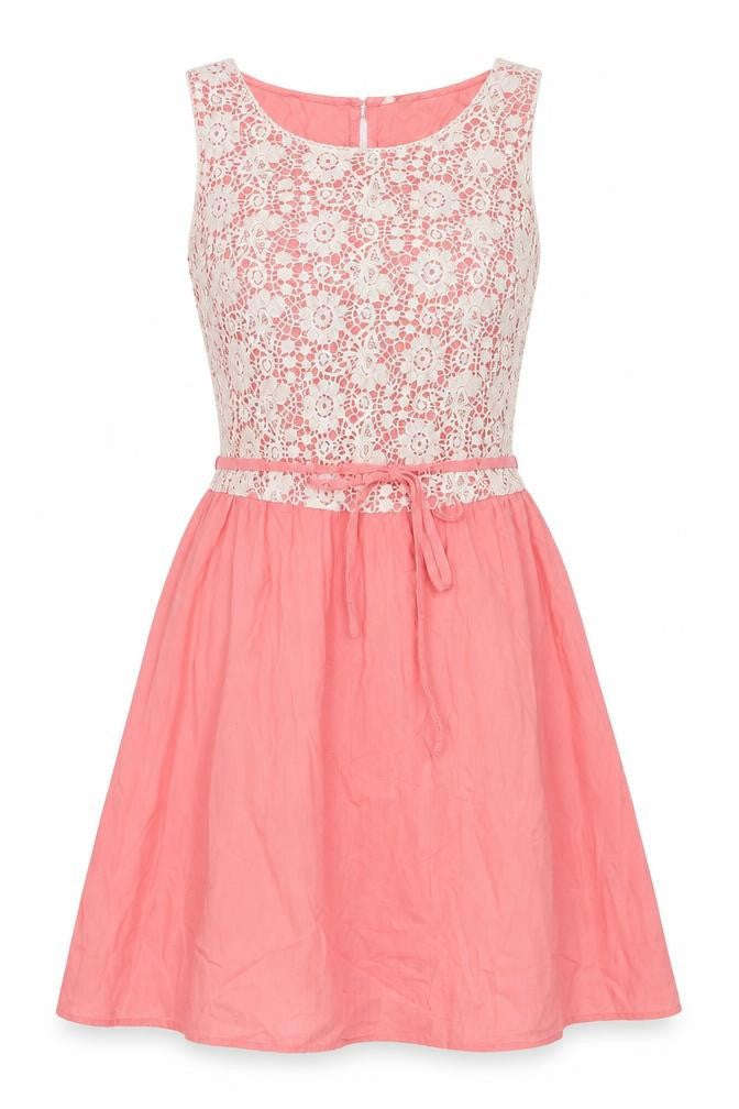 New Look Womens Pink Cotton Fit & Flare Size 8 Boat Neck Button - Lace Top