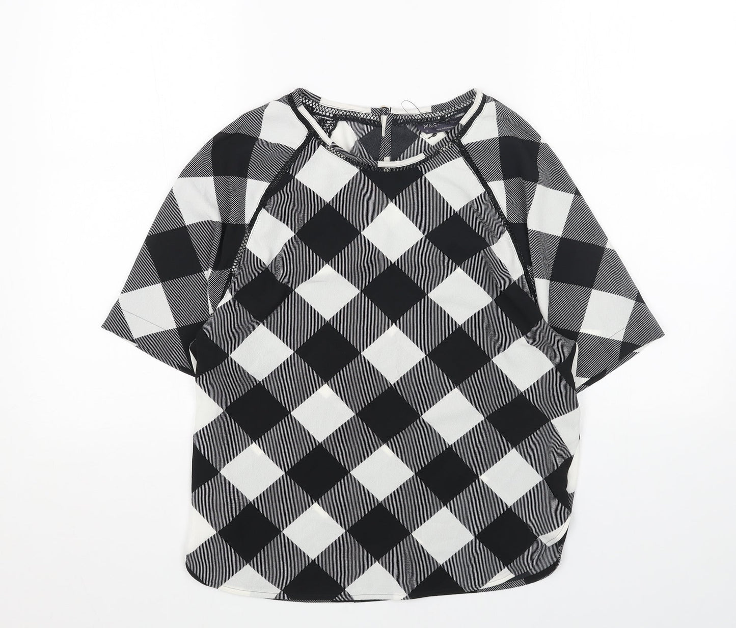 Marks and Spencer Womens White Check Polyester Basic Blouse Size 8 Boat Neck