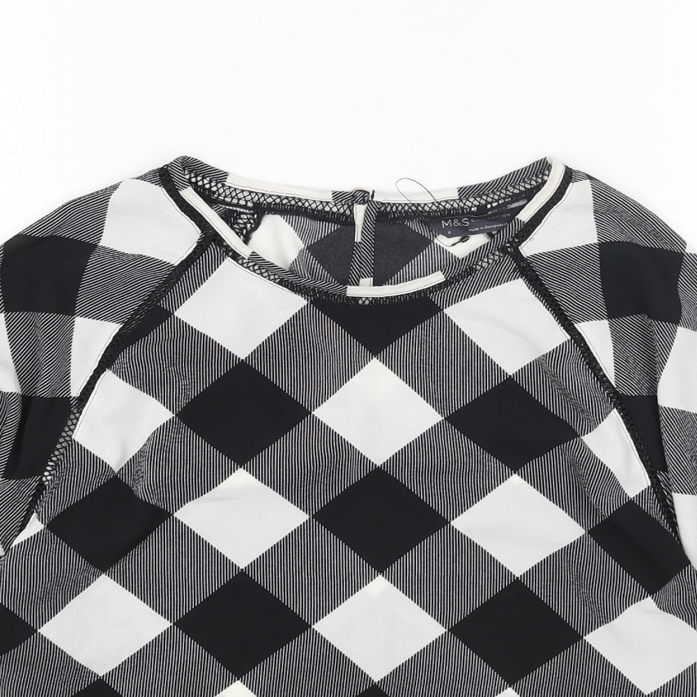 Marks and Spencer Womens White Check Polyester Basic Blouse Size 8 Boat Neck