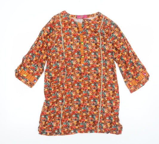 Alive Womens Orange Geometric Cotton Kaftan Size 6 Boat Neck Pullover