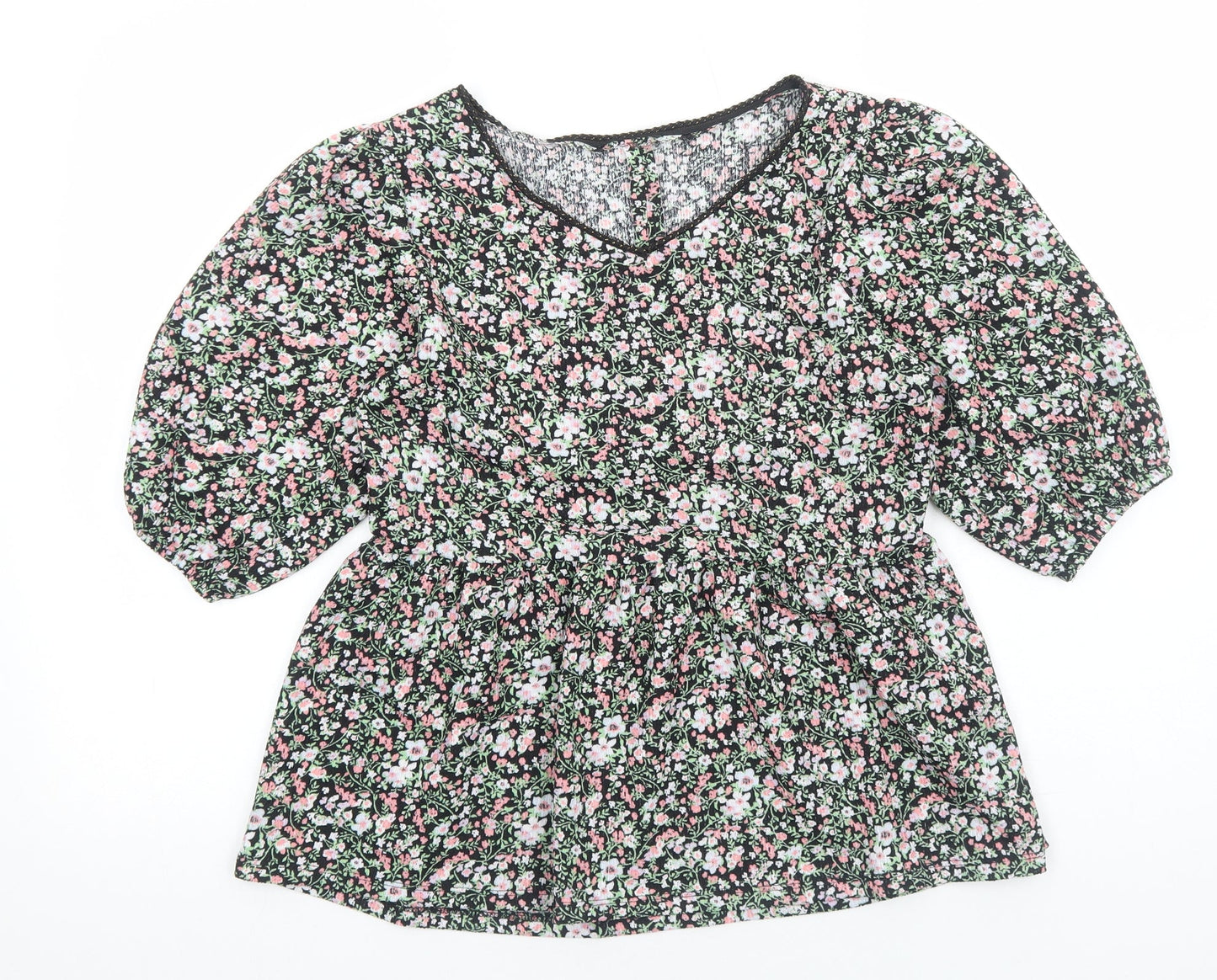 PEP&CO Womens Black Floral Viscose Basic Blouse Size M V-Neck - Smocked
