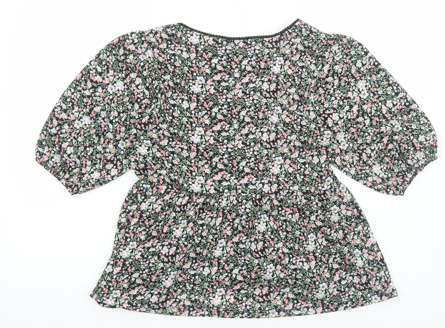 PEP&CO Womens Black Floral Viscose Basic Blouse Size M V-Neck - Smocked