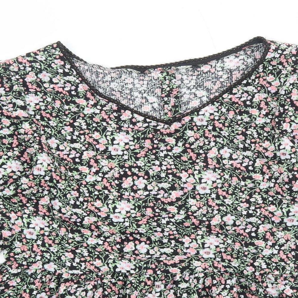 PEP&CO Womens Black Floral Viscose Basic Blouse Size M V-Neck - Smocked