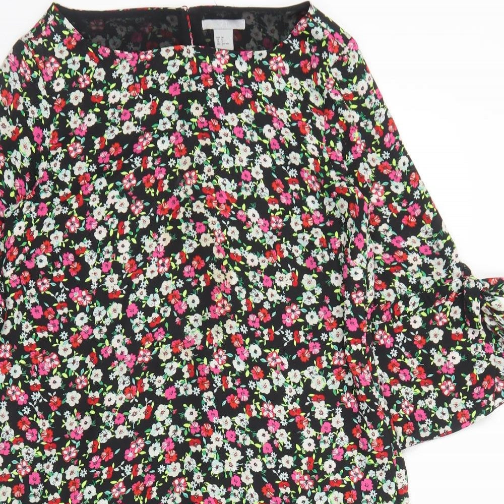 H&M Womens Black Floral Polyester A-Line Size 10 Boat Neck Pullover