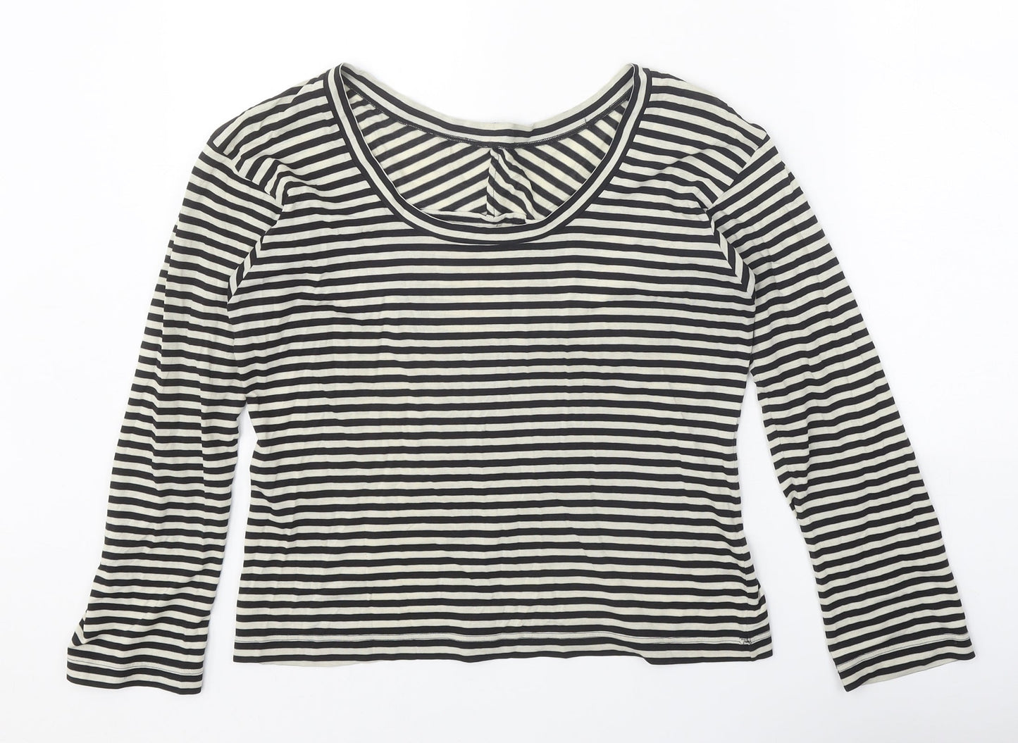 Preworn Womens Black Striped Polyester Basic Blouse Size M Scoop Neck