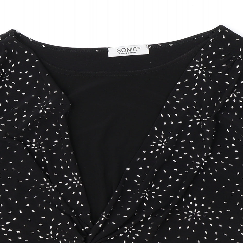 Sonic Collection Womens Black Geometric Polyester Basic Blouse Size 12 Boat Neck - Knot Front