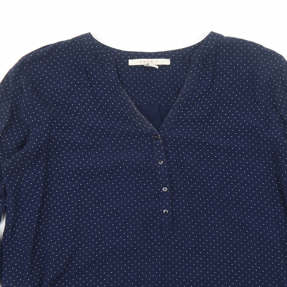 Esprit Womens Blue Polka Dot Viscose Basic Blouse Size 10 V-Neck