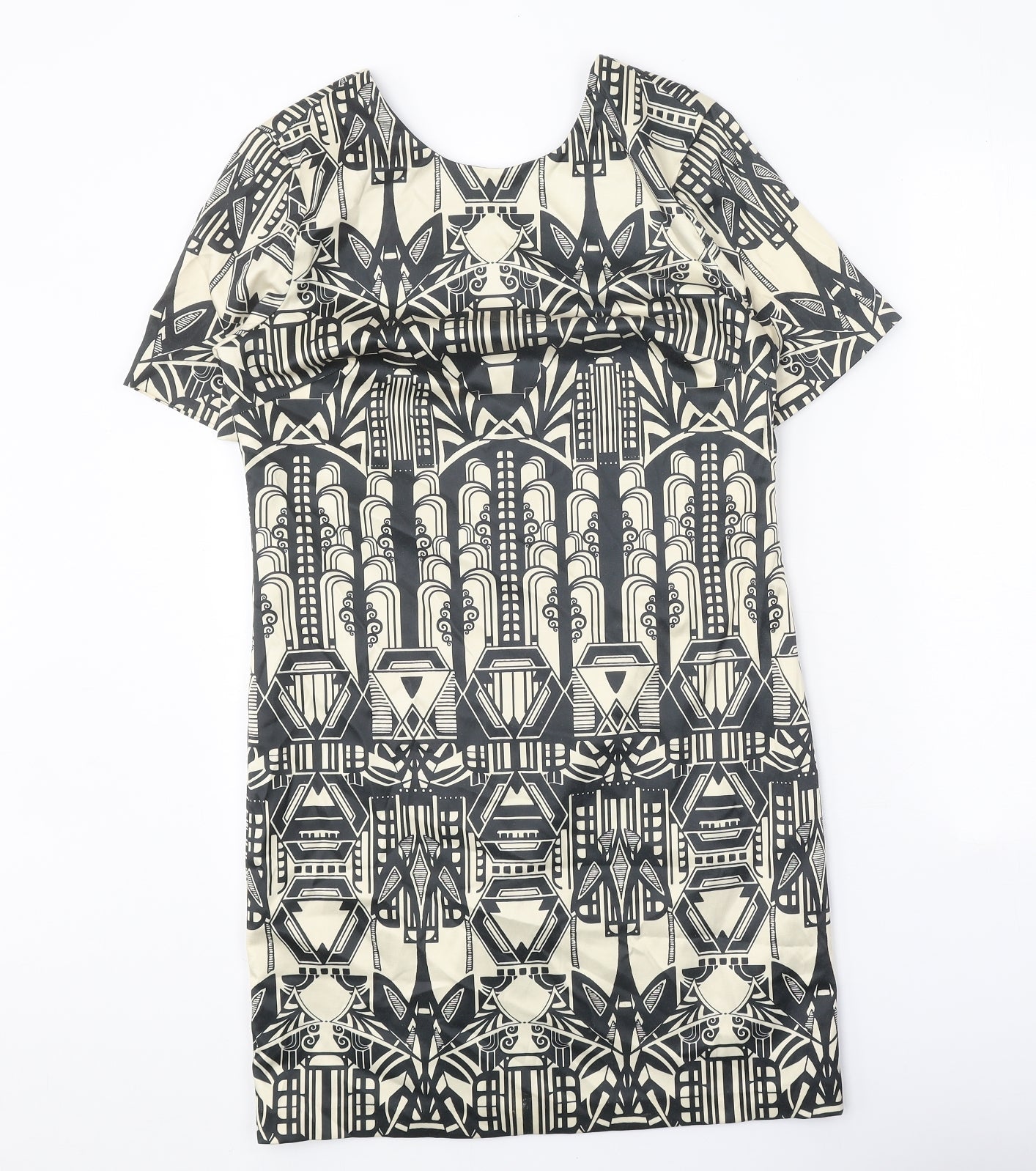Preworn Womens Beige Geometric Polyester A-Line One Size Round Neck Zip