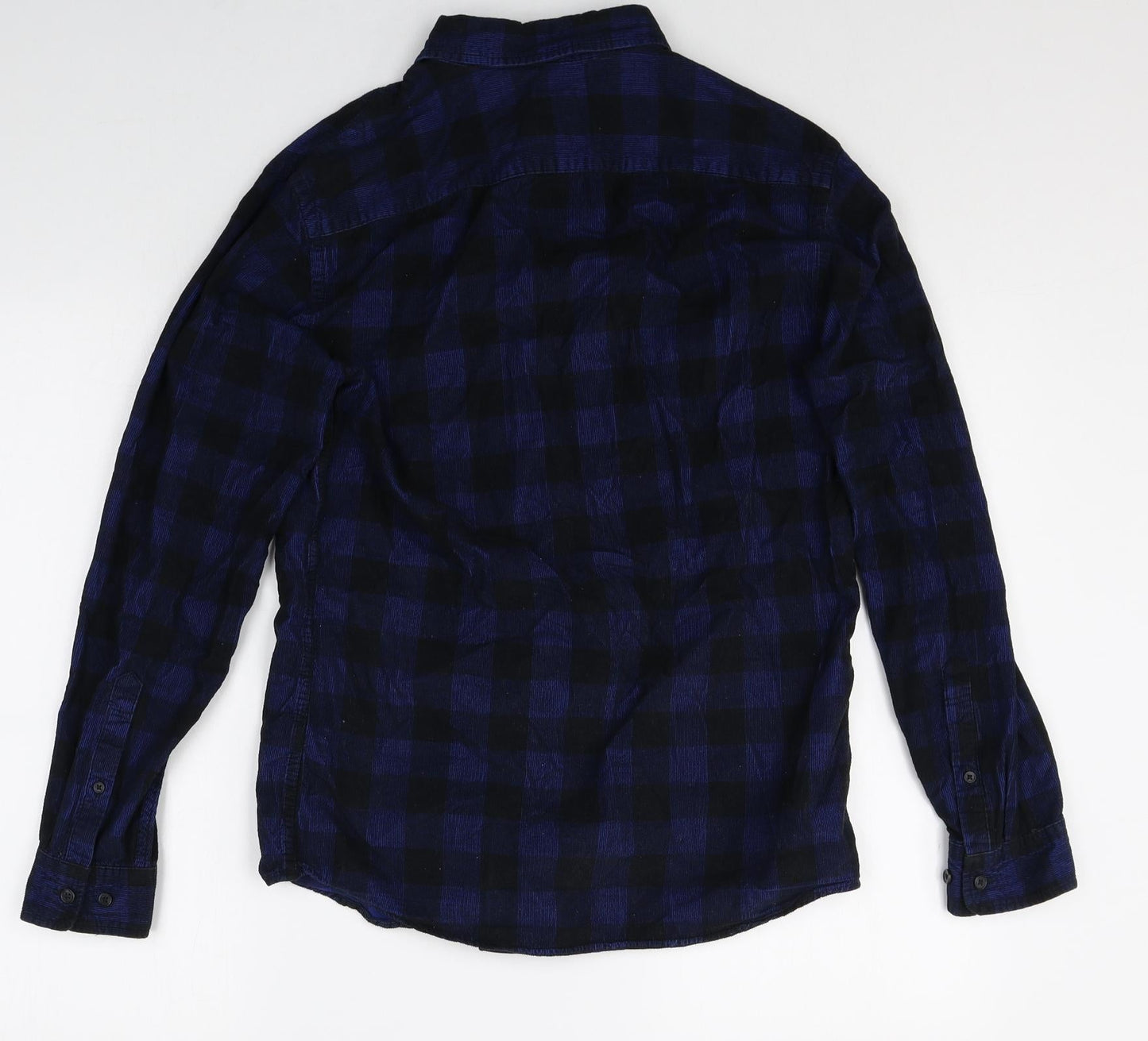 Marks and Spencer Mens Blue Check Cotton Button-Up Size S Collared Button