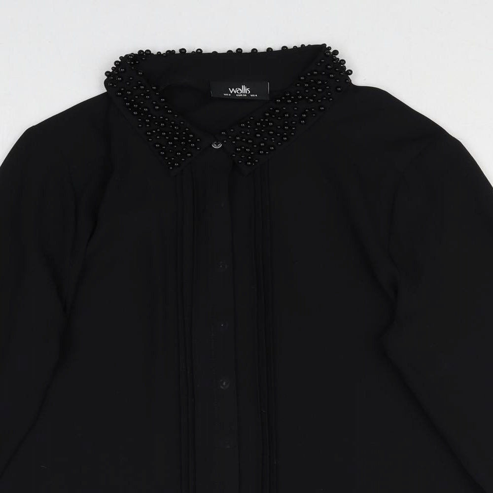 Wallis Womens Black Polyester Basic Button-Up Size 8 Collared - Embellished Neckline