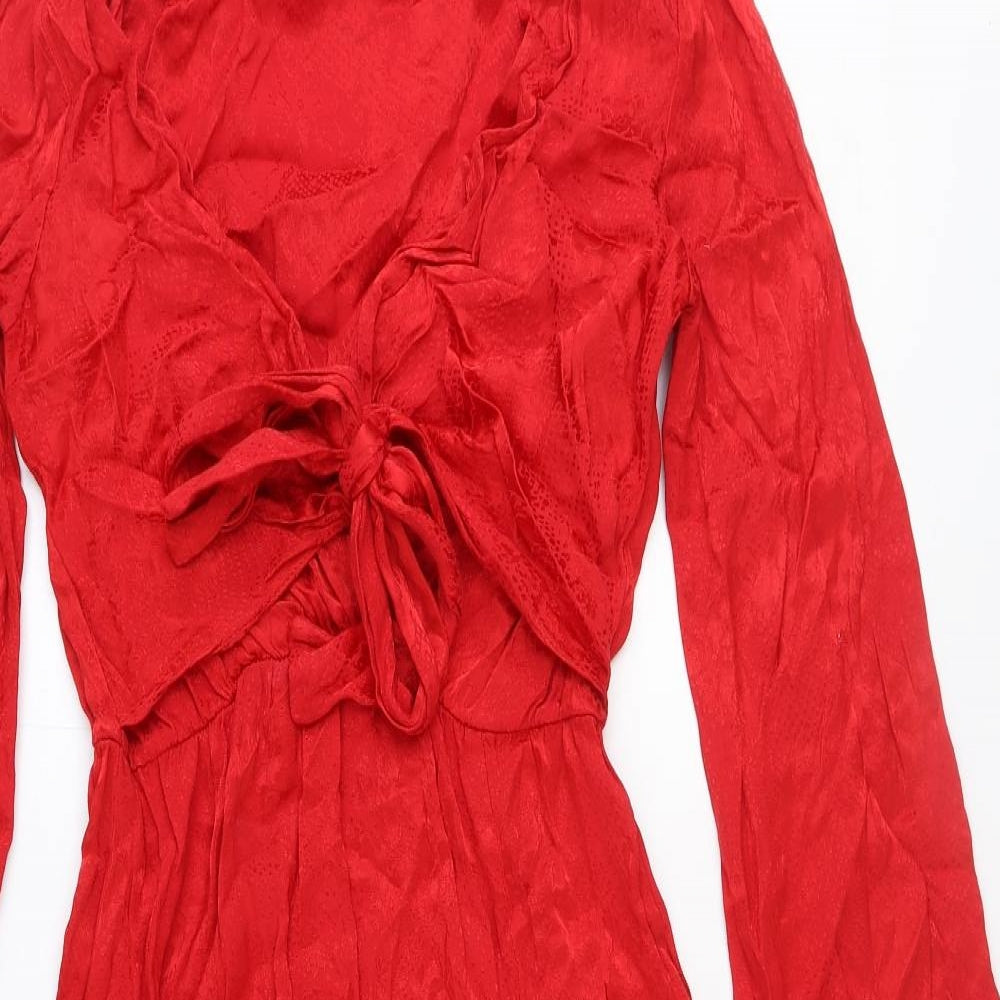 Topshop Womens Red Polyester Fit & Flare Size 10 V-Neck Tie