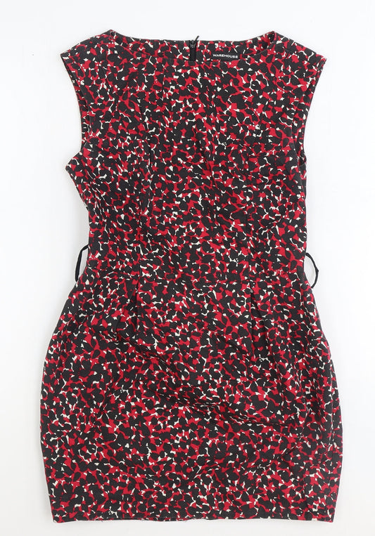 Warehouse Womens Red Geometric 100% Cotton Shift Size 10 Round Neck Zip