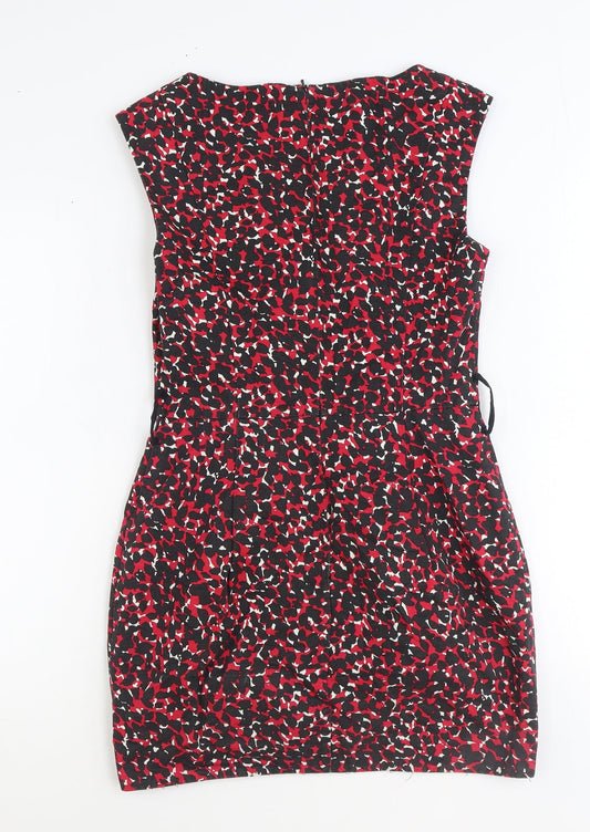 Warehouse Womens Red Geometric 100% Cotton Shift Size 10 Round Neck Zip