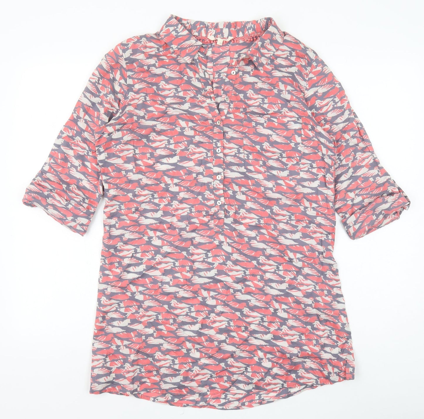Preworn Womens Pink Geometric Cotton Tunic Button-Up Size 10 Collared