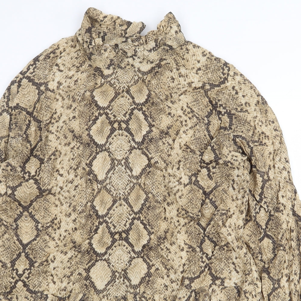 Zara Womens Beige Animal Print Polyester Shift Size 2XL High Neck Button - Snake Print