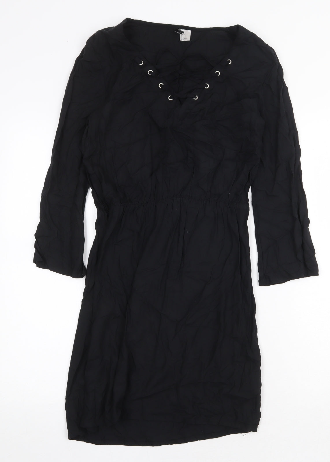 H&M Womens Black Viscose A-Line Size 8 V-Neck Pullover - Lace Up Detail