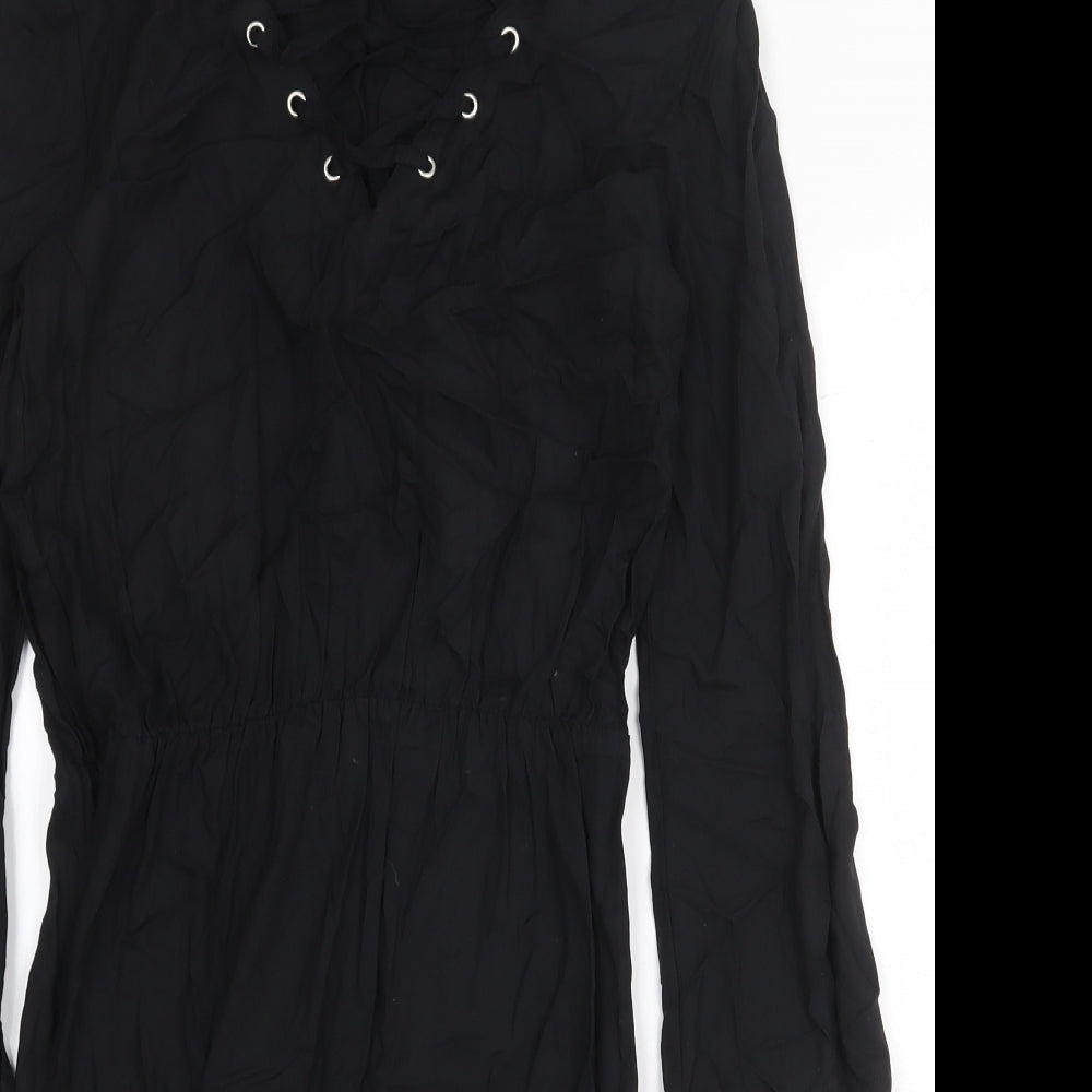 H&M Womens Black Viscose A-Line Size 8 V-Neck Pullover - Lace Up Detail