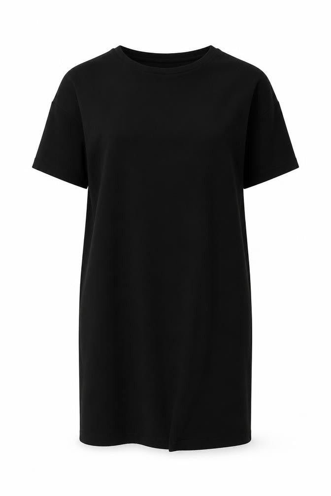 Front view of ASOS women’s black polyester t-shirt dress, size UK 10, round neck pullover