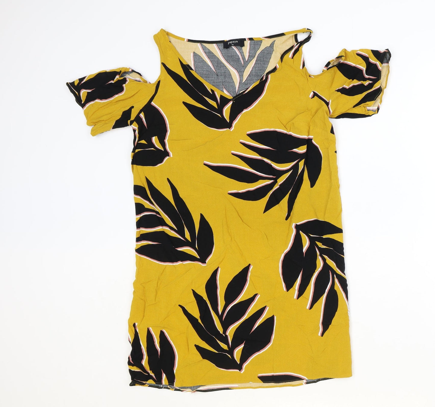 Papaya Womens Orange Geometric Viscose Basic Blouse Size 12 V-Neck - Leaf Print