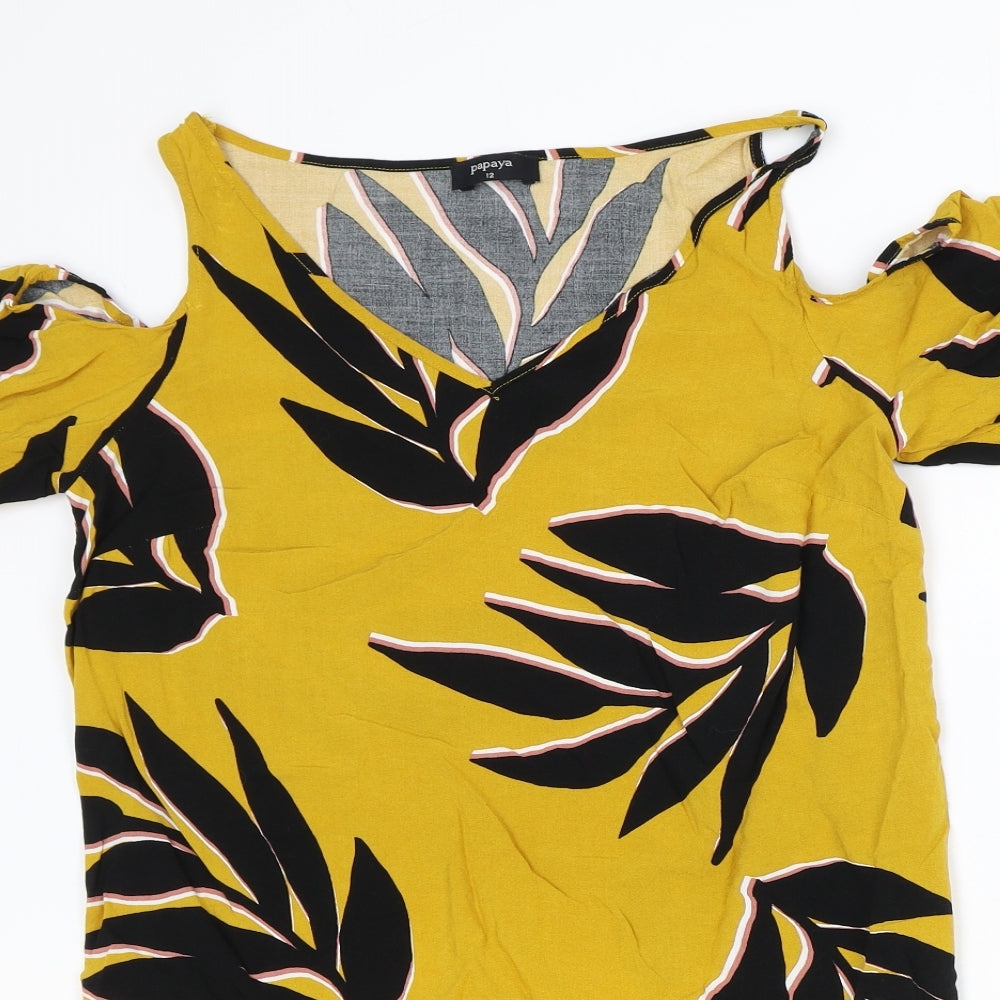 Papaya Womens Orange Geometric Viscose Basic Blouse Size 12 V-Neck - Leaf Print