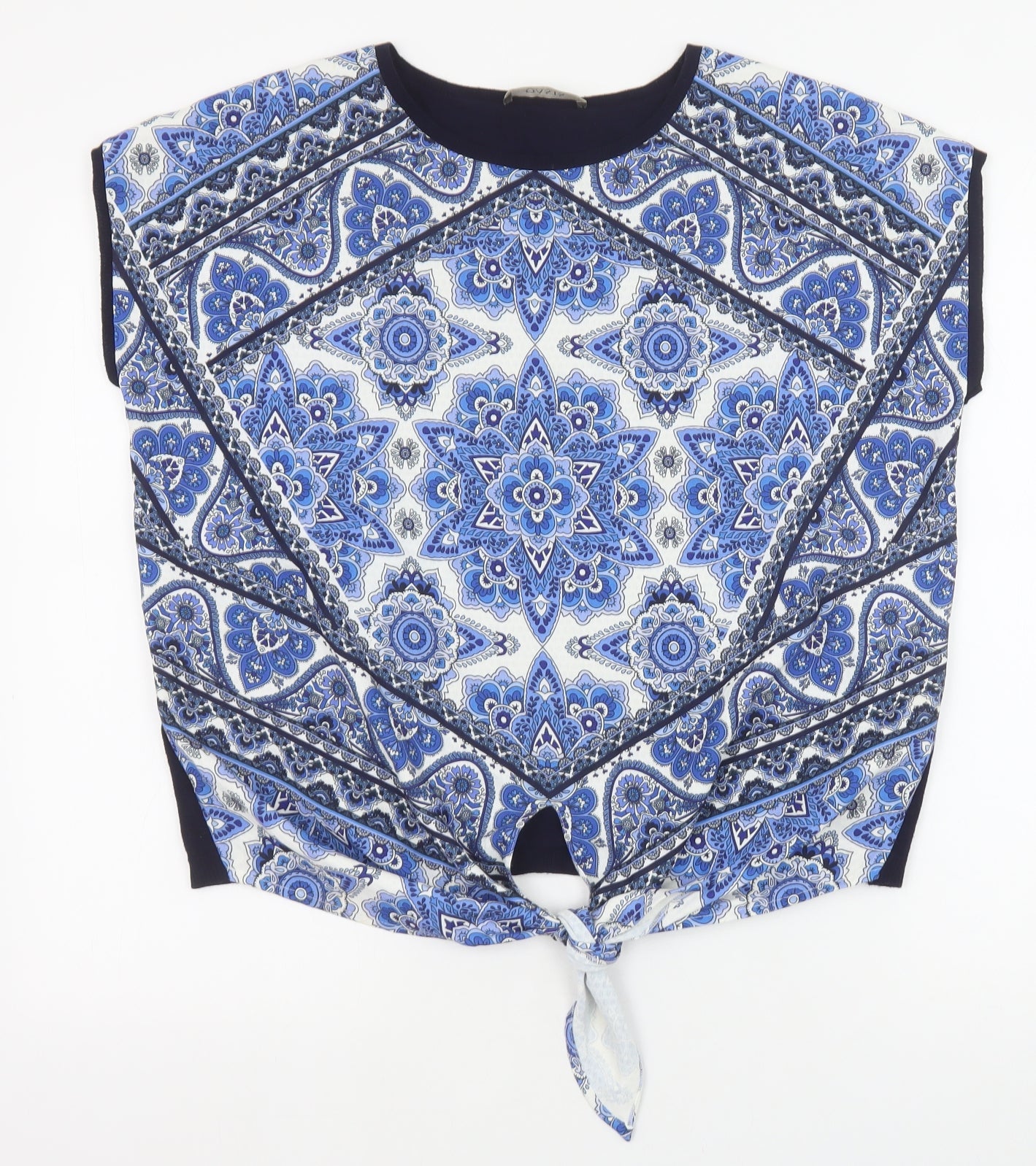 Oasis Womens Blue Geometric Viscose Basic Blouse Size M Round Neck - Knot Front