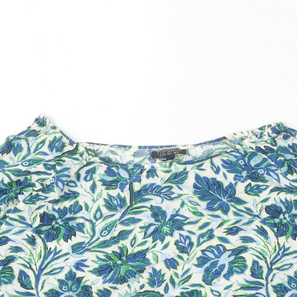 Topshop Womens Blue Floral Viscose Basic Blouse Size 6 Boat Neck