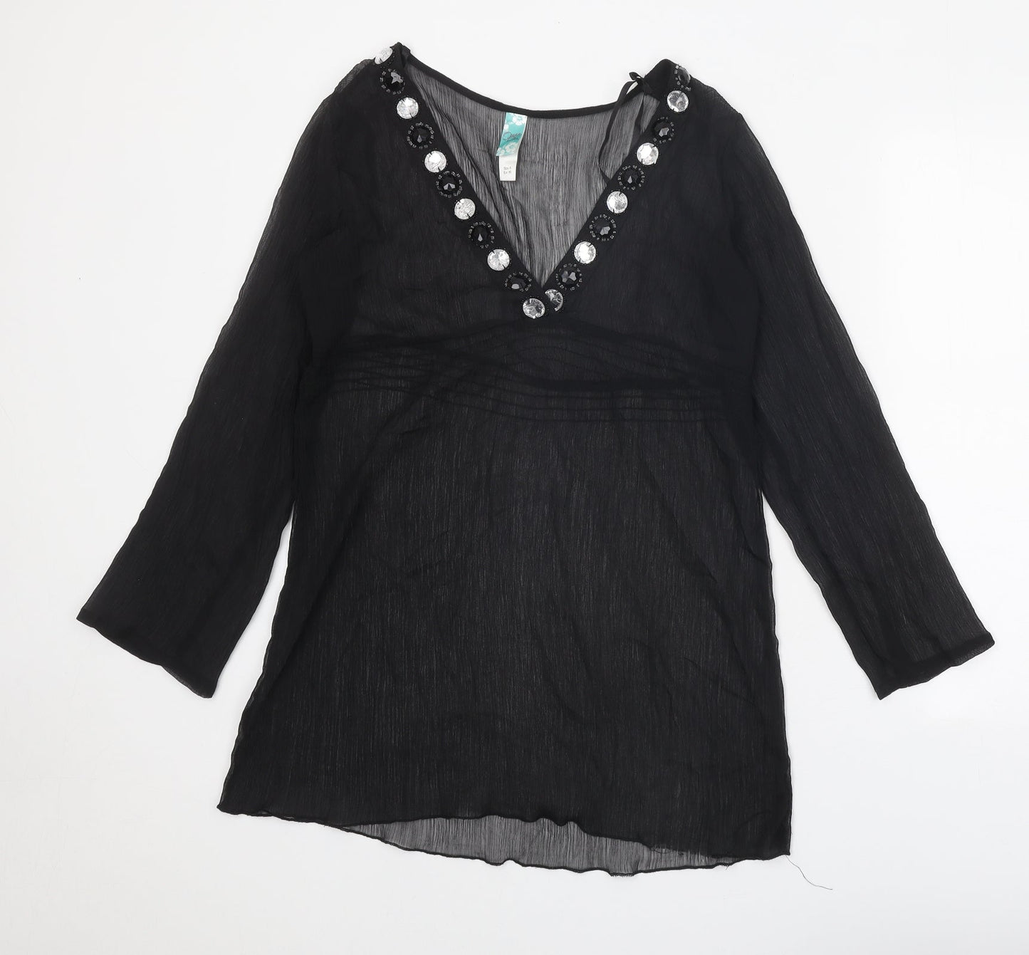 Ocean Club Womens Black Polyester Tunic Blouse Size 8 V-Neck - Embellished Neckline