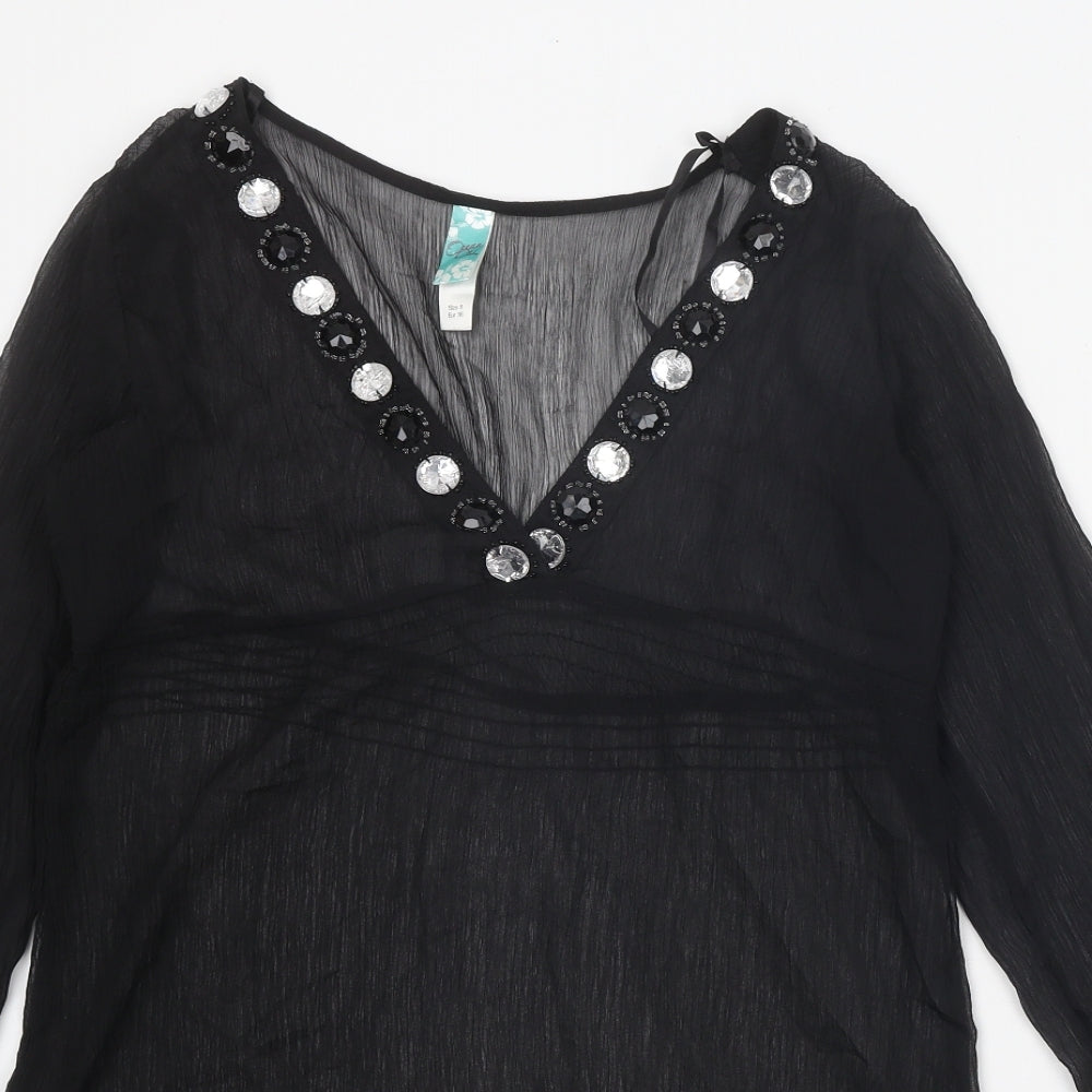 Ocean Club Womens Black Polyester Tunic Blouse Size 8 V-Neck - Embellished Neckline