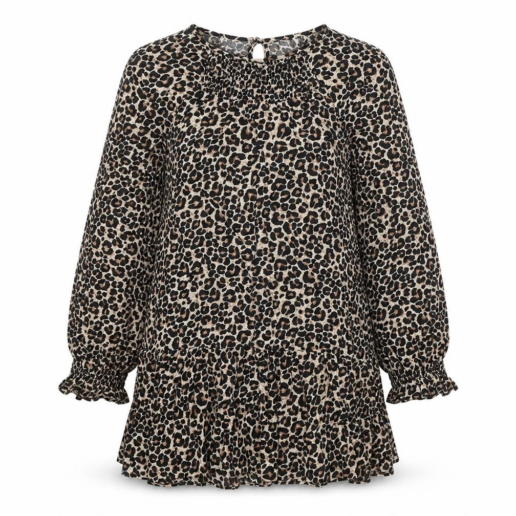 Preworn Womens Brown Animal Print Polyester Shirt Dress One Size Round Neck Button - Leopard print