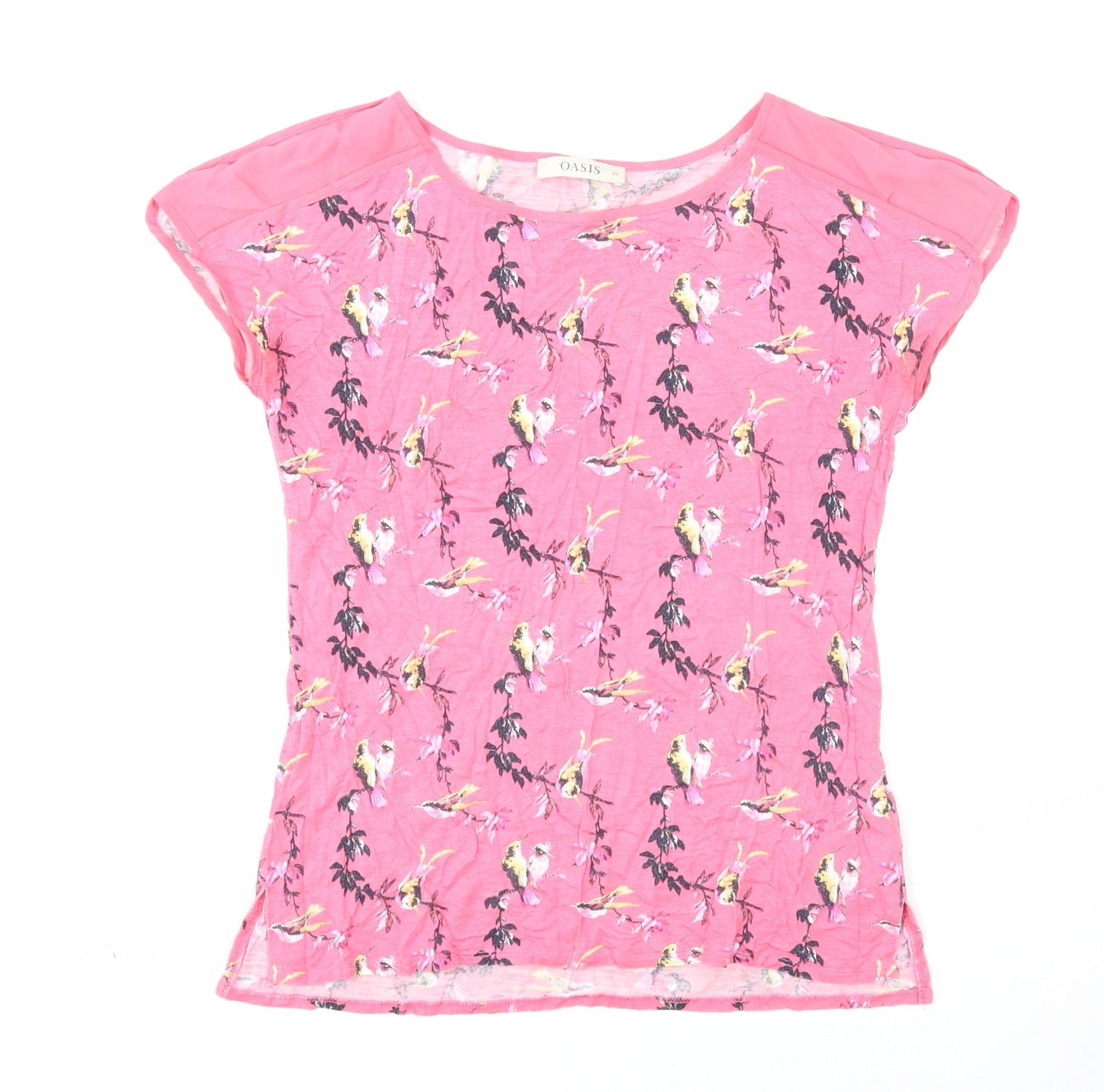 Oasis Womens Pink Geometric Viscose Basic T-Shirt Size XS Boat Neck - Bird Pattern